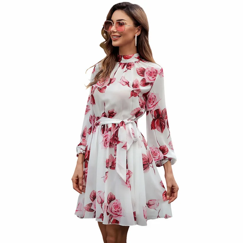 

Donsignet New Floral Chiffon Dress Round Neck Holiday Dresses for Women Belt Knee-Length Print Long Sleeve Dress for Women