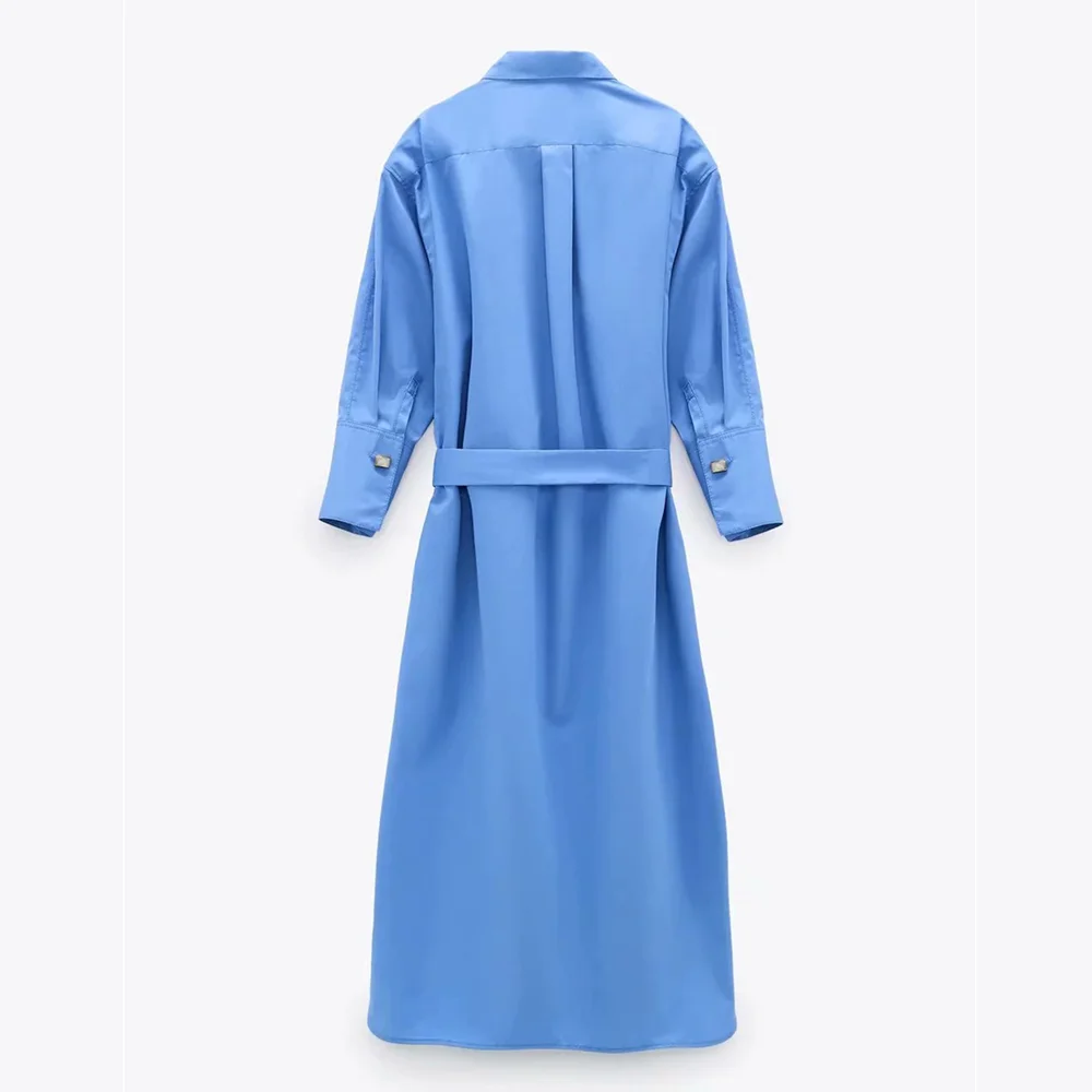 

Alifus Za women Dress 2020 Vintage Turn-down collar long sleeve With Belt Maxi dress Fashion Simple Solid Female Dress Vestidos