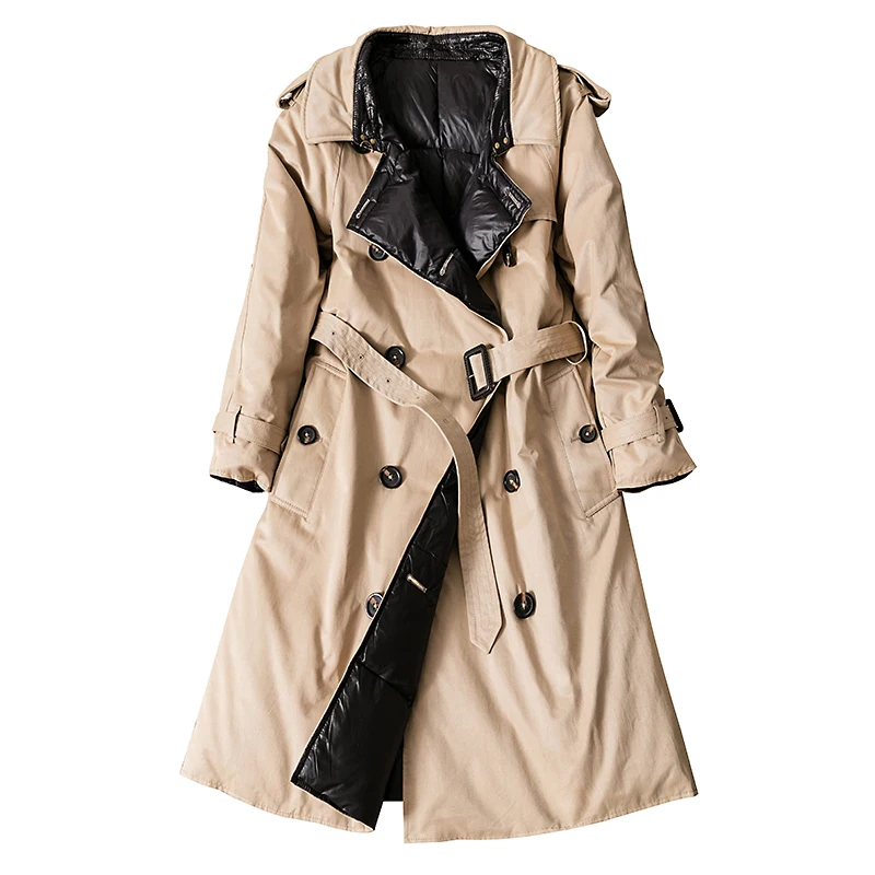 khaki Подходит для-30℃ зимнее двубортное толстое теплое пальто из натурального утиного пуха женские парки свободного покроя с капюшоном длинное теплое пуховое пальто F760 - Цвет: khaki