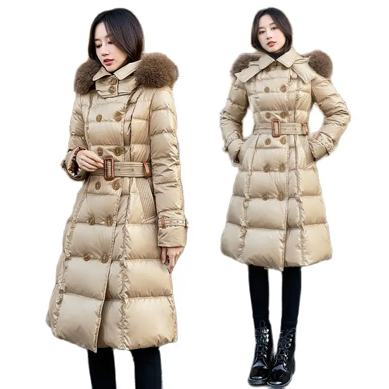 

2021 New Women's Winter Fashion Natural Fox Fur Collar Thick Hooded Long Jacket 90% White Duck Down Jacket Slim Large Size