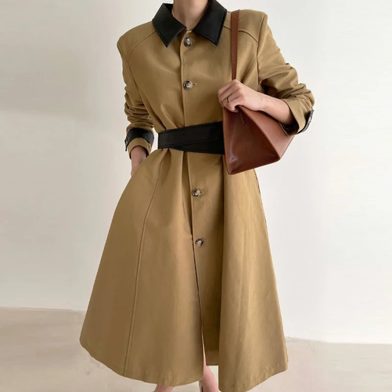 

Women's Coat Korea Chic Overcoat Lapel Stitching Color Outwear Single-breasted Casual Ladie Autumn Windbreaker Winter 2022 New