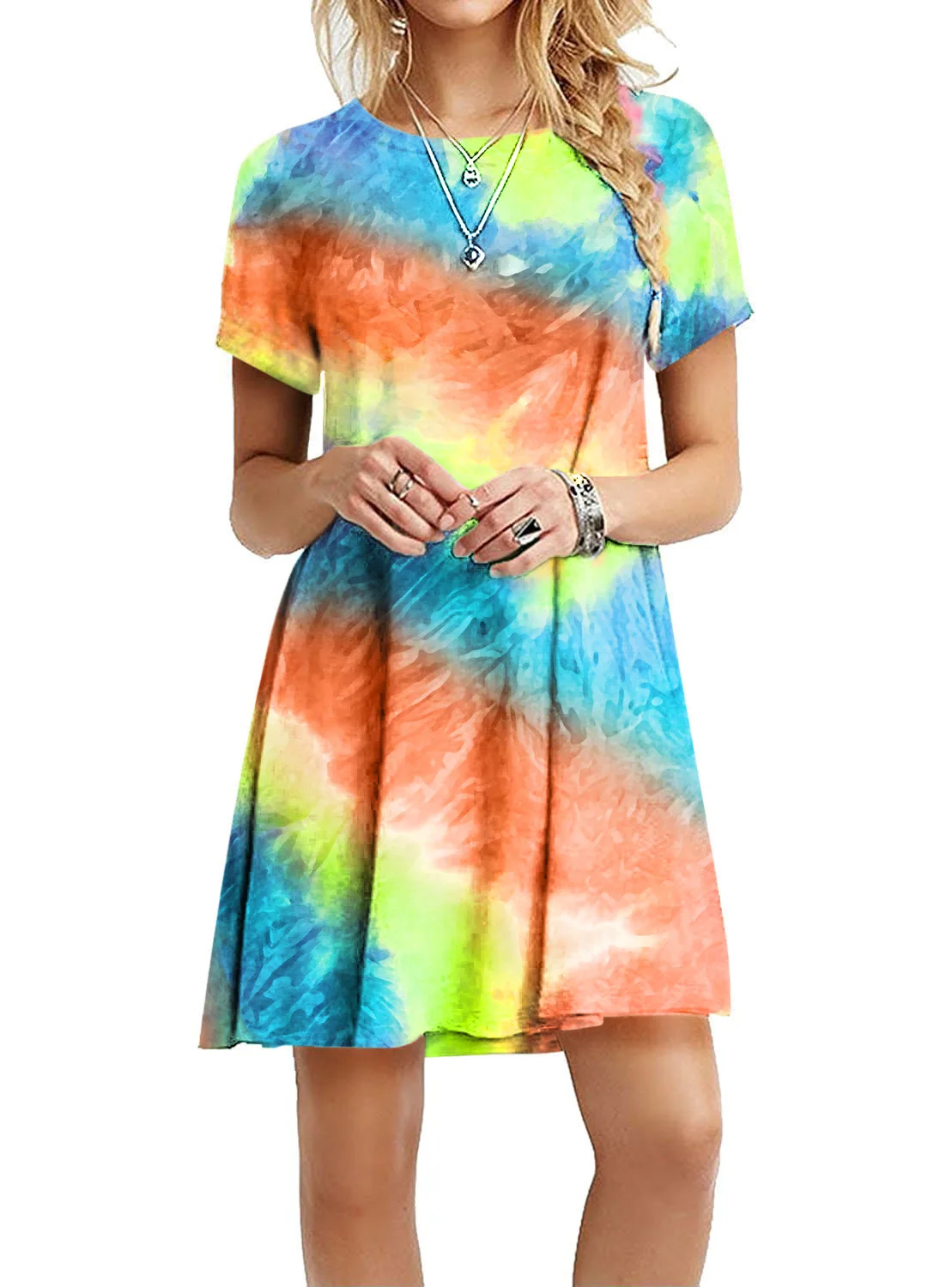 

WEPBEL Women Mini Dress Short Sleeve Slim Rainbow Tie-Dye Floral Summer New Women's Printed Dress