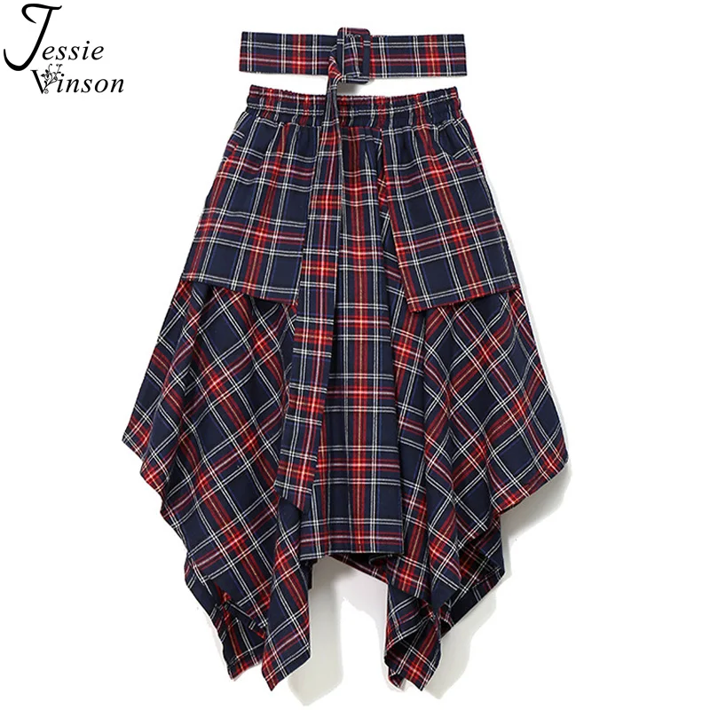 Джесси Винсон Высокая талия плед поясом Асимметричная юбка для женщин корейский