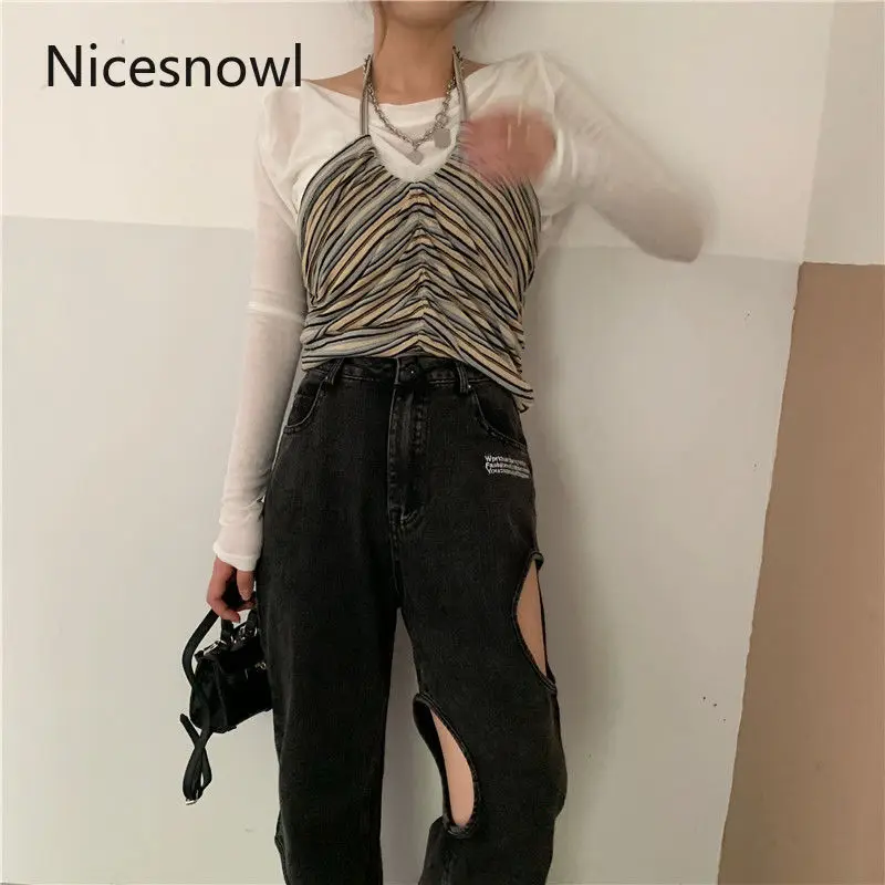 

High Waist Jeans Women Hole Loose Black Denim Full-length Fashion Kpop Womens Korean Style Vintage Trendy High Street Trousers
