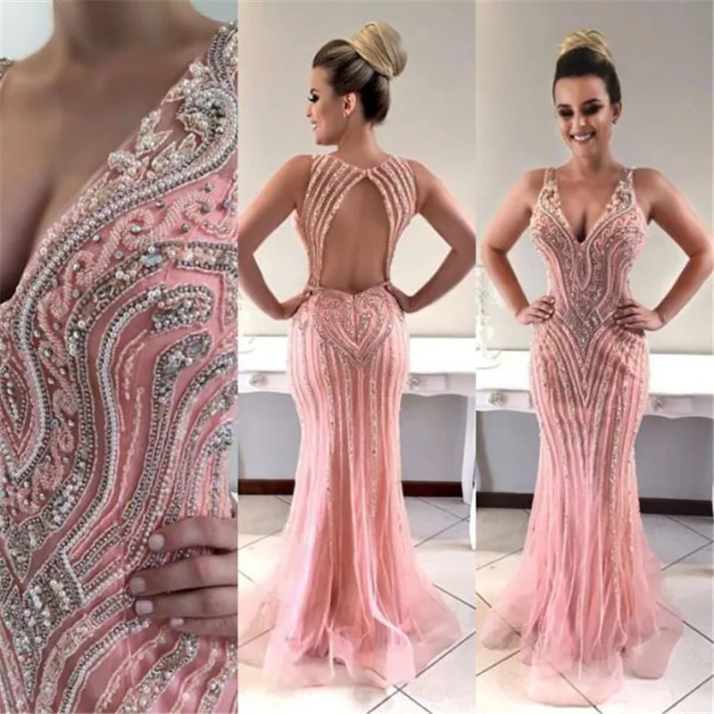 Роскошные бусины Кристаллы Розовый Русалка Выпускные платья Длинные Vestidos De gala сексуальные с открытой спиной Вечерние платья Robe De Soiree