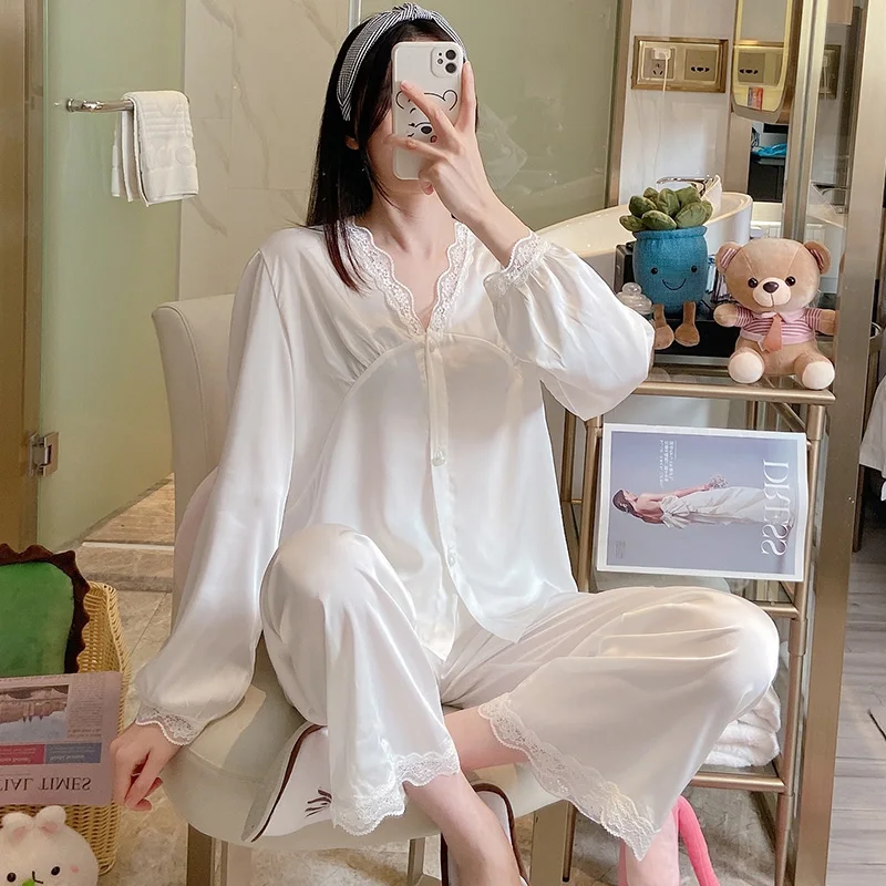 White Lace Pajamas Womens Spring and Autumn Cardigan Simple Ice Long Sleeve Suit Korean Style Artificial Silk Summer Home