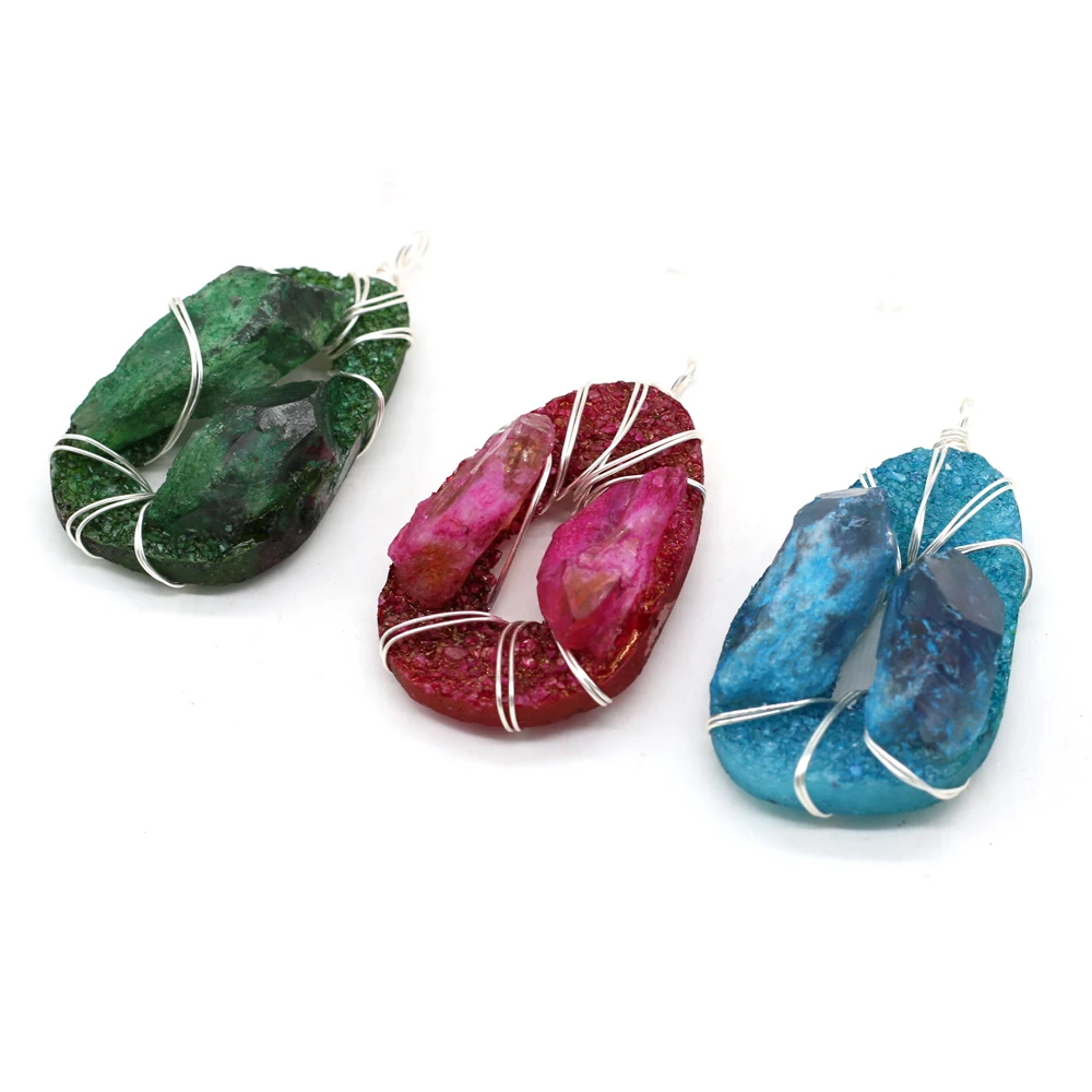 

Wholesale6PCS Natural Stone Irregular Egg-shape Crystal Buds Wrapped Around Silver Wire Pendant Making DIY Necklace Jewelry Gift