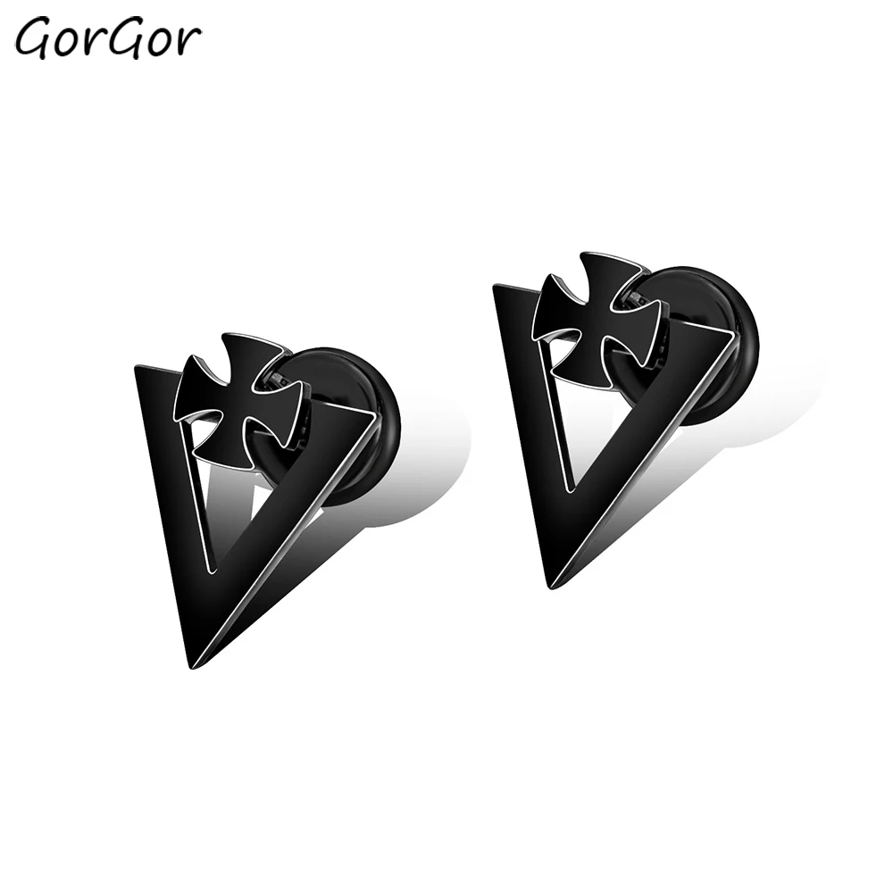 

GorGor Clip Earrings Men Stainless Steel Pattern Triangle Cross Black Simplicity Individuality Party Trendy Accessories TE-539