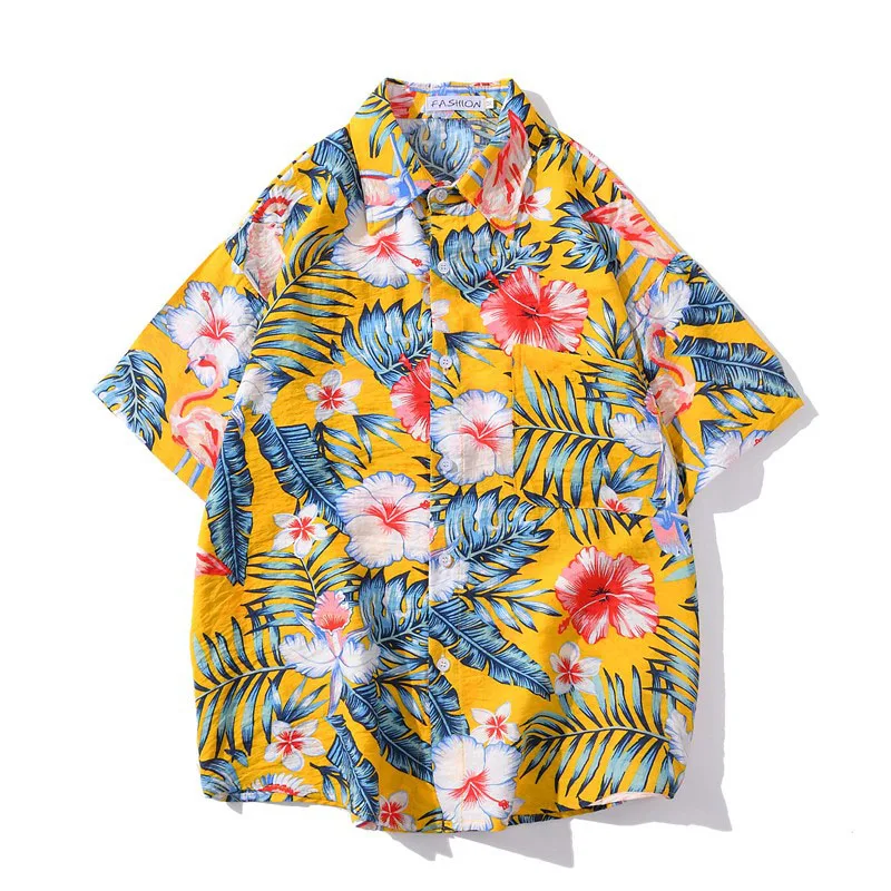 Men Shirt Short Sleeve 2021 New Arrival Summer Loose Flowers Leaves Handsome Male Shirt Thin Student Korean Style Hot Sale S25