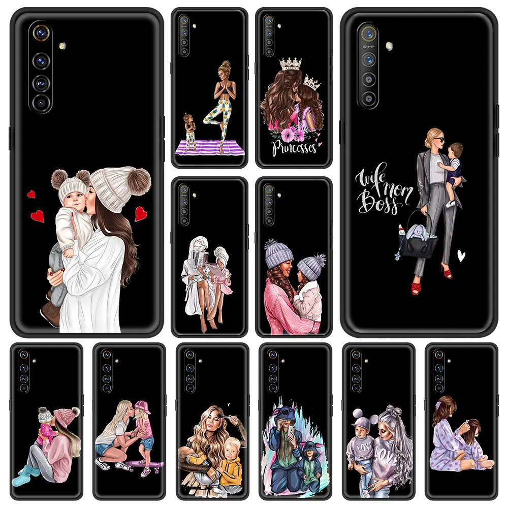 

Black Brown Hair Baby Mom Girl Son Luxury Phone Case for Realme C3 6 7 8 Pro C21 Cover for Oppo A52 A53 A9 2020 Silicone Shell