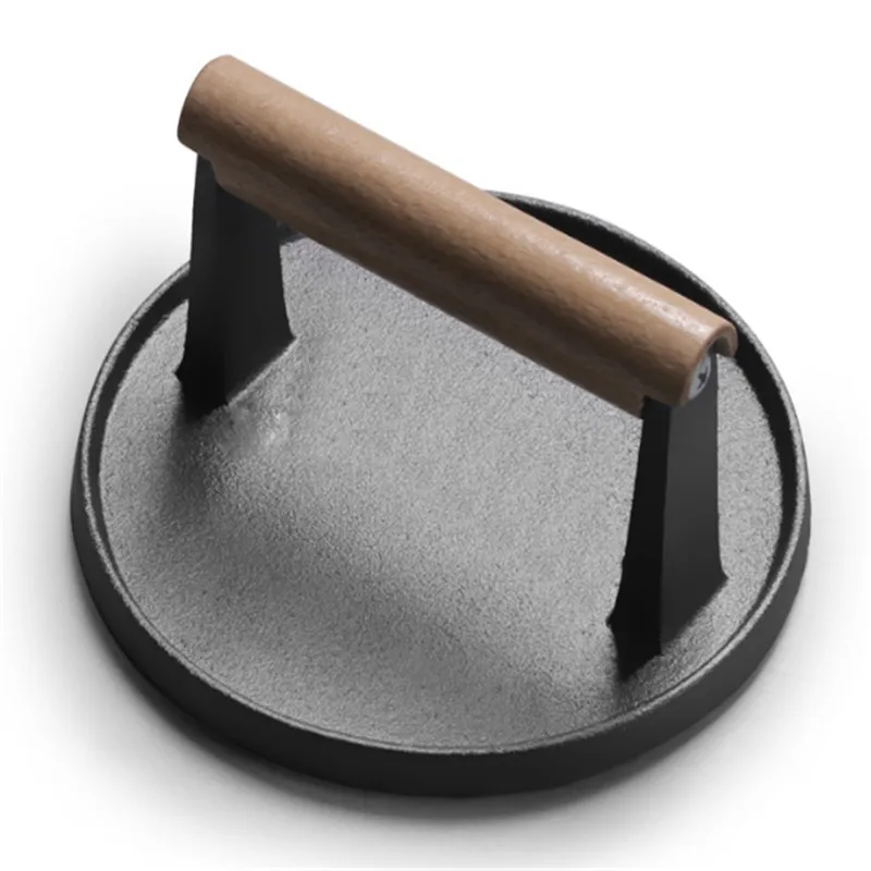 

Round big BBQ tool Cast iron Wooden Handle Steak Plate Meat Press Grill Fried meat squid Fried steak barbecue pressure plate