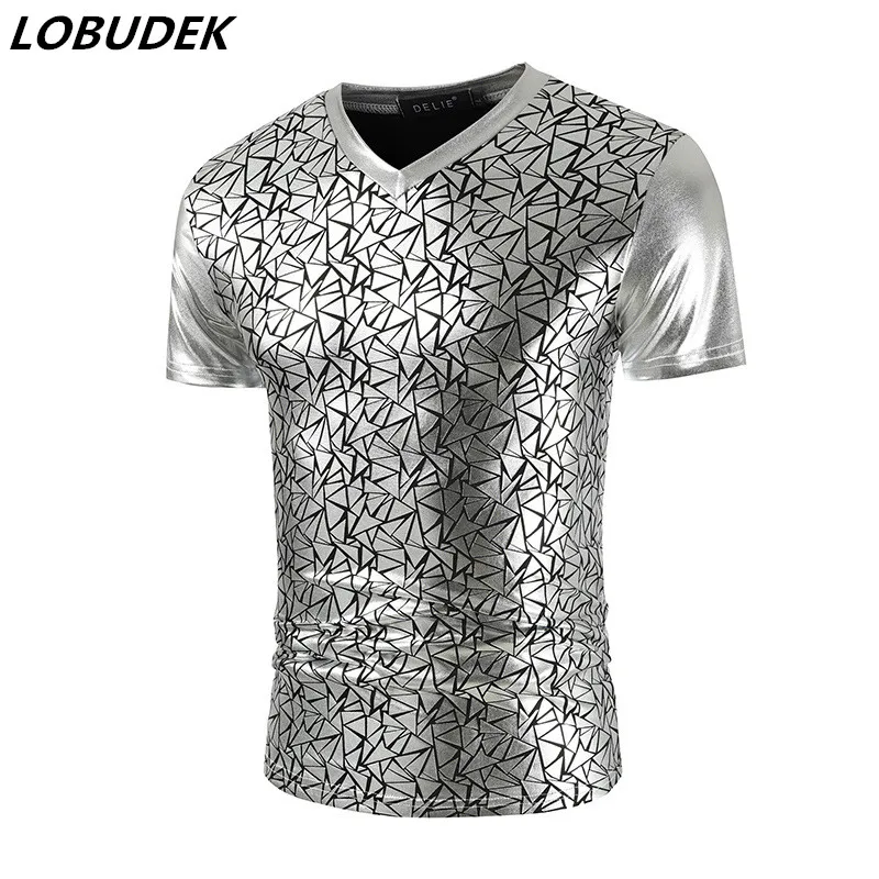 

Gold Silver Bronzing T Shirts Muscle Man Slim Fit Short Sleeve Printed T Shirts Summer V-neck Hip Hop DJ Singer Nightclub Tees