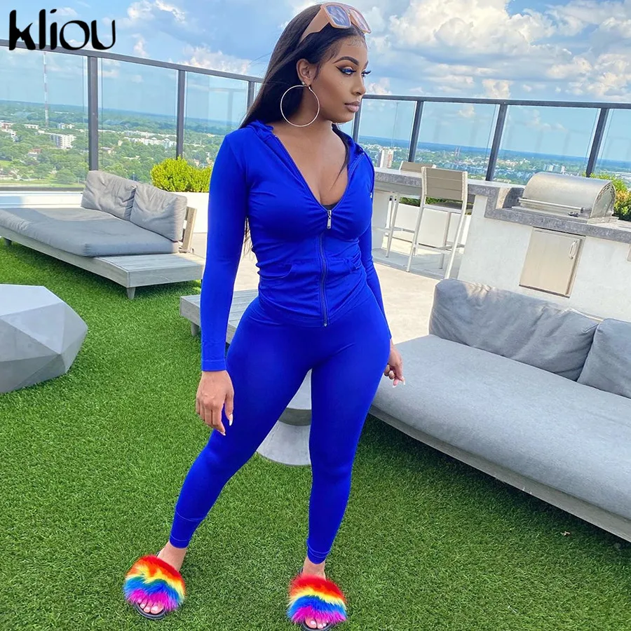 

Kliou autumn two piece set women long sleeve hooded zipper pocket sporty Jackets+leggings matching sets workout stretchy outfits