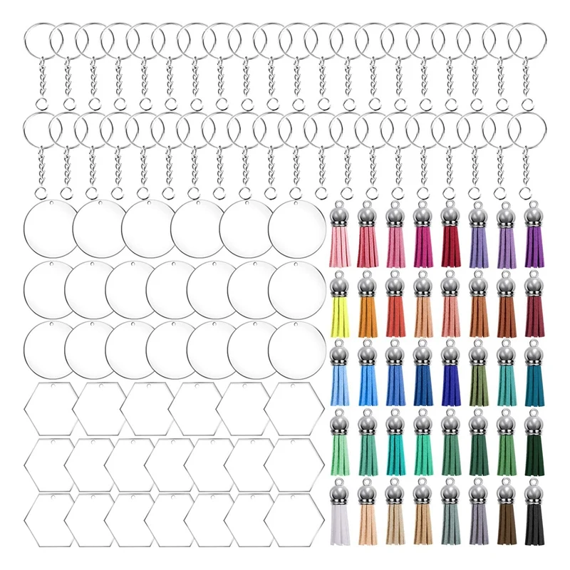 

160 Pcs Acrylic Keychain Blanks Craft Tassel Set, Clear Keychain Blank (Hexagon and Round) for DIY Keychain Crafting