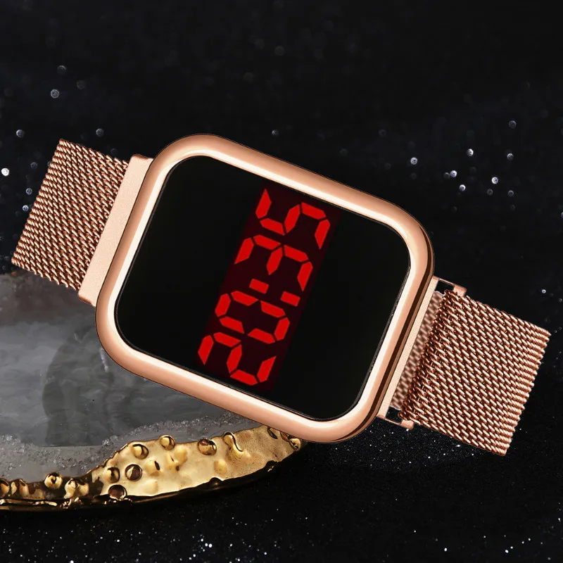 Cinto de Aço Relógios de Negócios Relógios de Pulso Relógios Femininos Malha Cinto Quadrado Cabeça Moda Personalidade Touch-screendigital Led