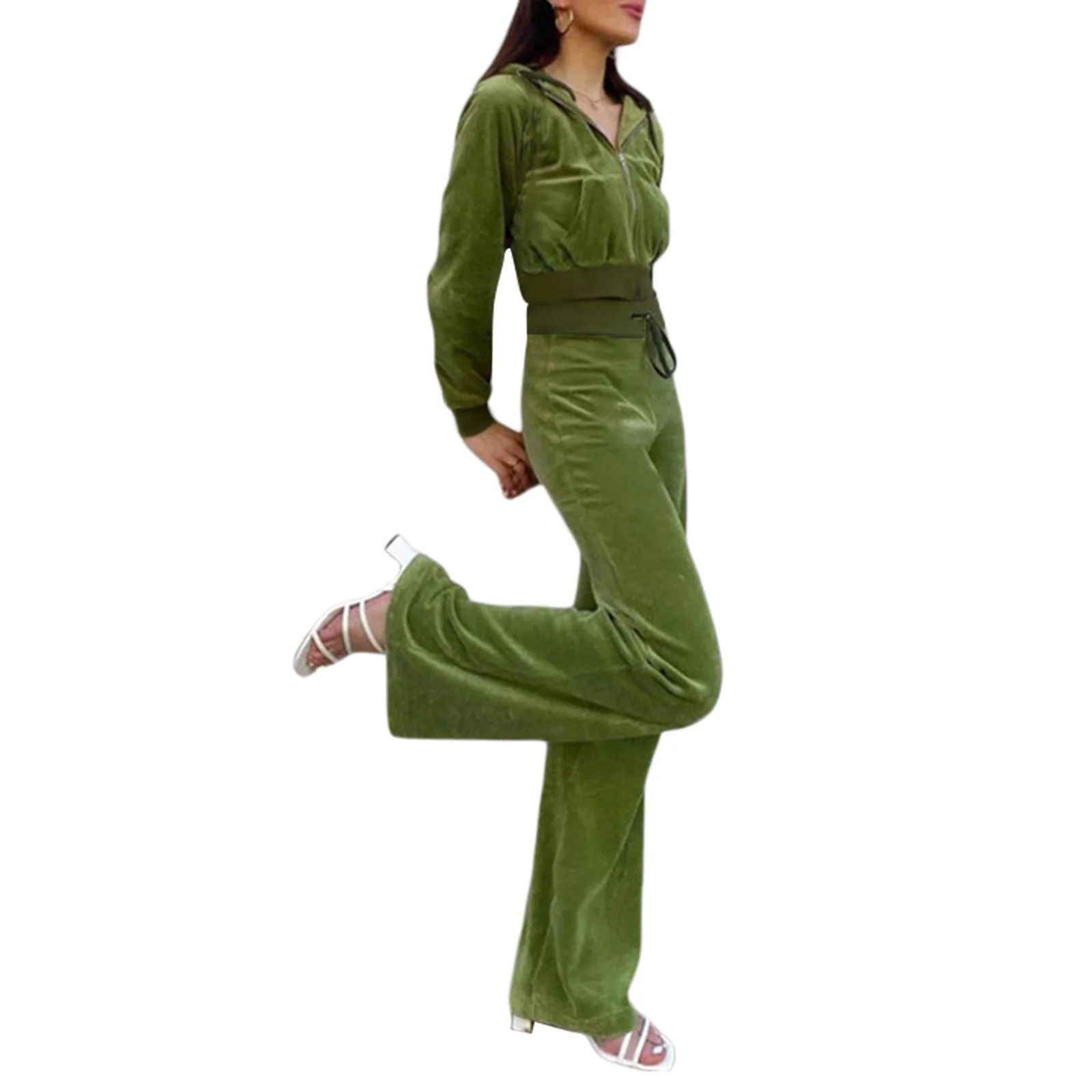 

Женский комплект одежды из двух предметов, однотонный укороченный топ с капюшоном и брюки с эластичным поясом, синий, зеленый