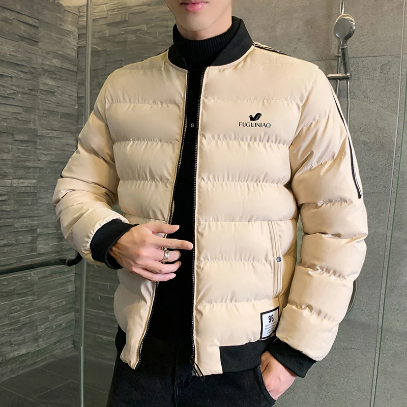 Down jacket brand stand collar casual side sewn pocket zipper in solid color winter cotton padded coats for men