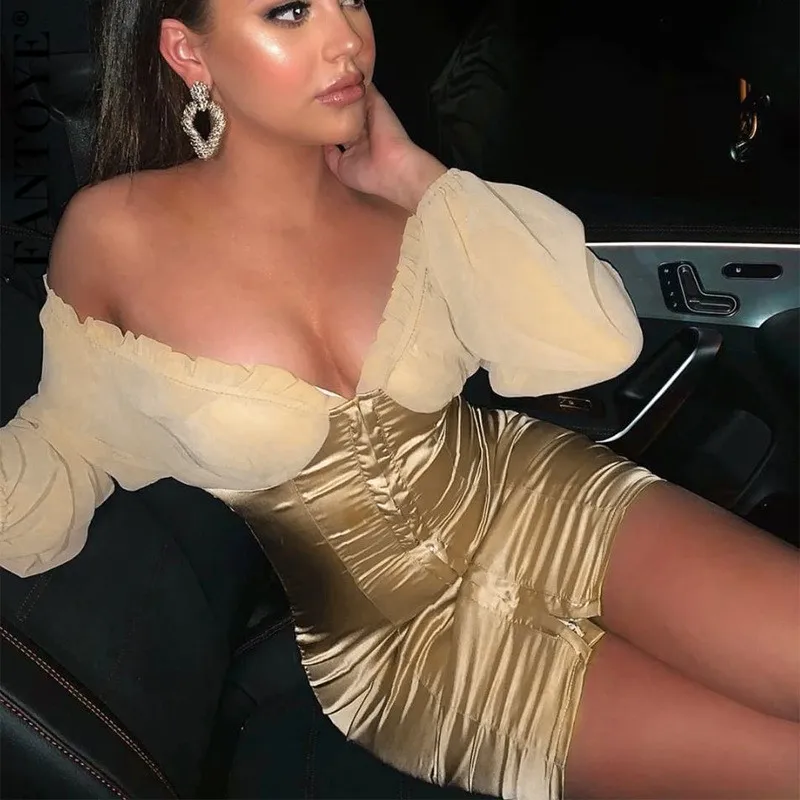 FANTOYE элегантное платье с открытыми плечами атласное из кусков вечерние Для