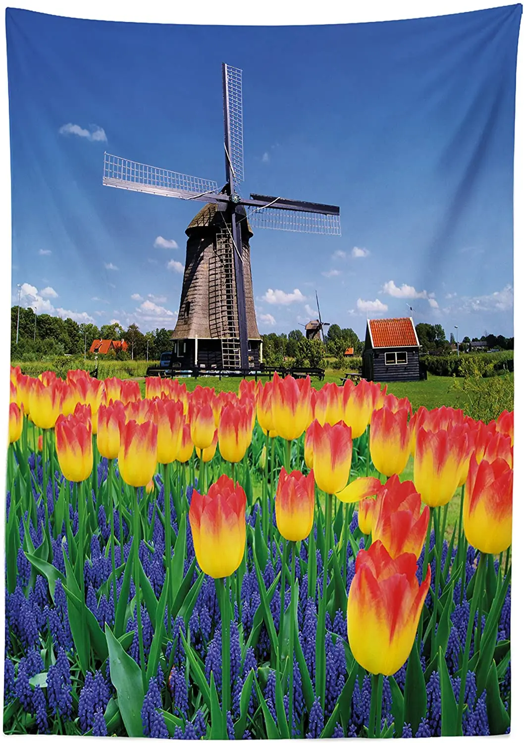 Tulip Blooms with Classic Dutch Windmill Netherlands Countryside Spring Picture Table Cover for Dining Room Kitchen Décor | Дом и сад