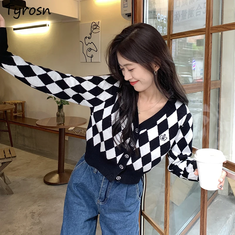 

Cropped Sweaters Women Argyle Cardigan Classic Panelled Preppy Embroidery Cozy Autumn Chic Slim Elegant Tender Retro Thermal OL