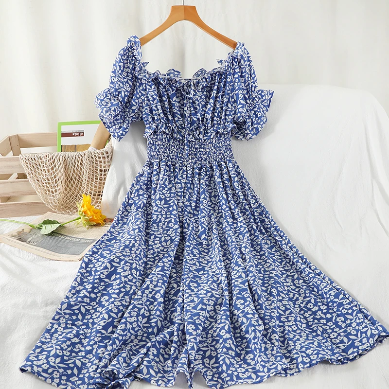 

YIZZHOY 2021 Summer Casual Elastic Waist Slim Floral Print Dress Women A-Line Slash Neck Short Chiffon Pullover Clothing