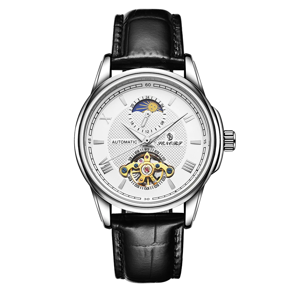 Senors Брендовые мужские часы автоматические механические Tourbillon спортивные из кожи