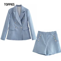 toppies 2021 summer shorts suit set woman plaid blazer and high waist shorts conjuntos de mujer ladies leisure two piece set