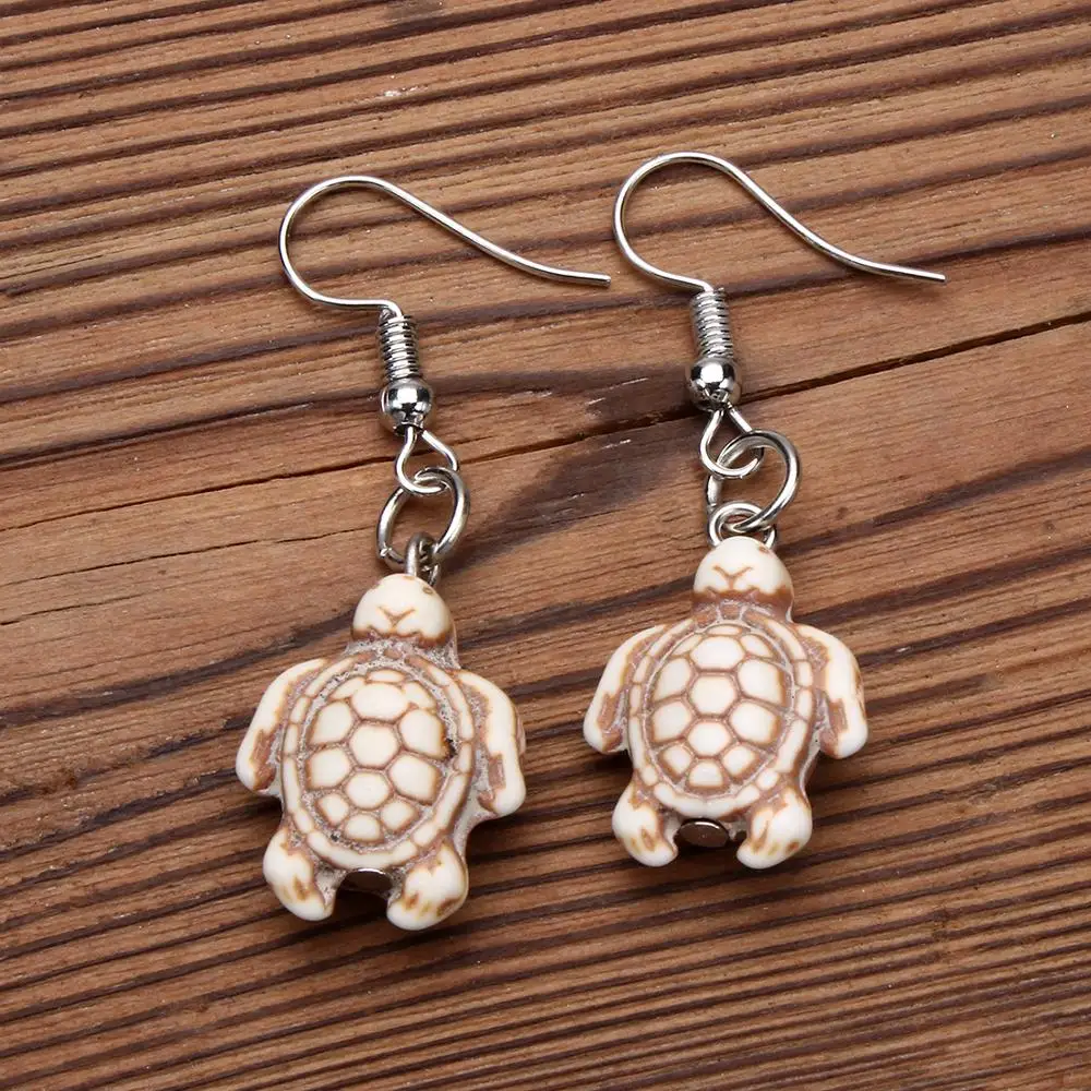 YingWu White Turtle Animal Turquoises Earrings for Women Stone Beads Dangle Earring Silver Tone Hook Jewelry | Украшения и
