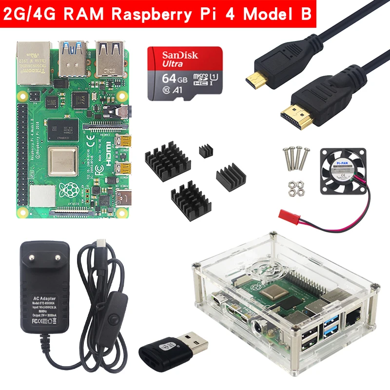 Raspberry Pi 4 Модель B комплект 2G/4G Оперативная память + акриловый чехол вентилятор