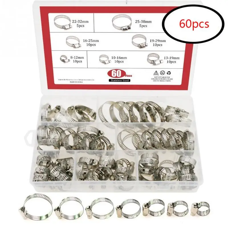 

60 PCS/Box Multi Size 8mm-38mm Stainless Steel Hoop Clamp Hose Clamp Stainless Steel Set automotive pipes clip Fixed tool