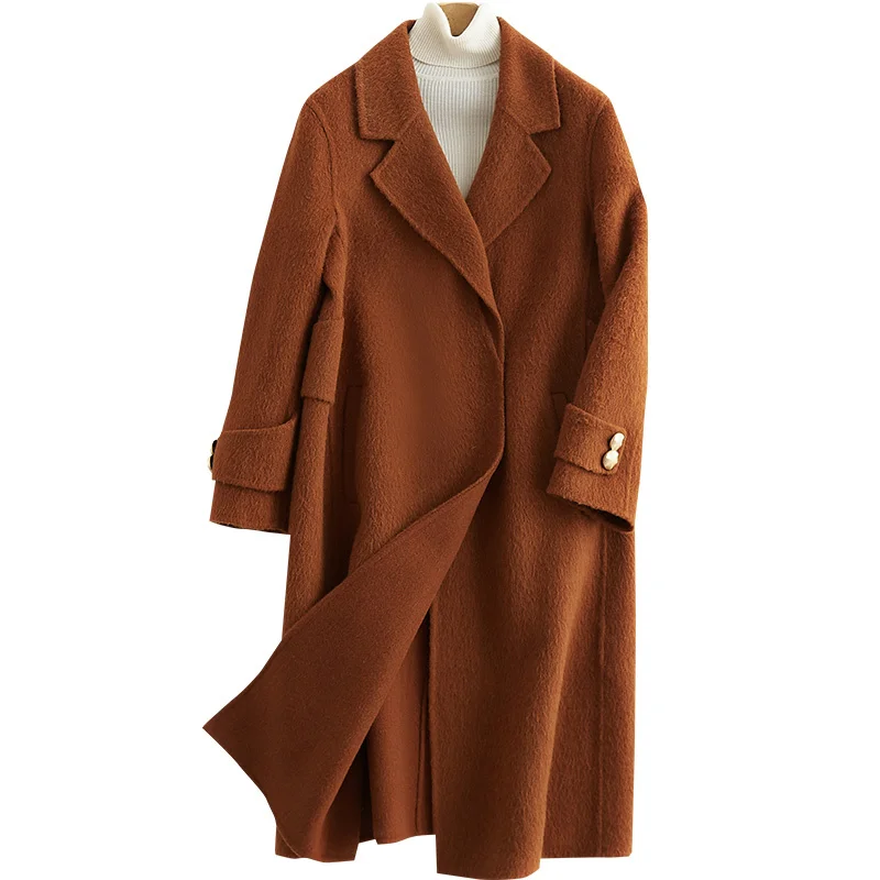 

Новинка 2020, темпераментное длинное пальто свободного покроя, Женское шерстяное Двустороннее пальто из альпаки
