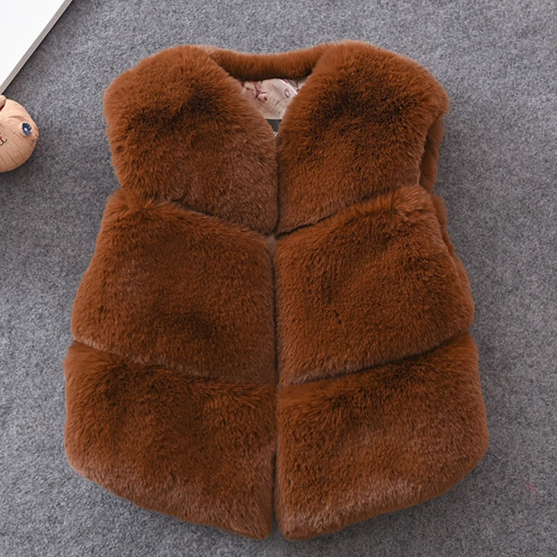 Dark brown Милый плотный теплый длинный жилет из искусственного меха для девочек, жилет для детей 3-10 лет, детские пальто без рукавов для девочек, модный детский жилет - Цвет: Dark brown