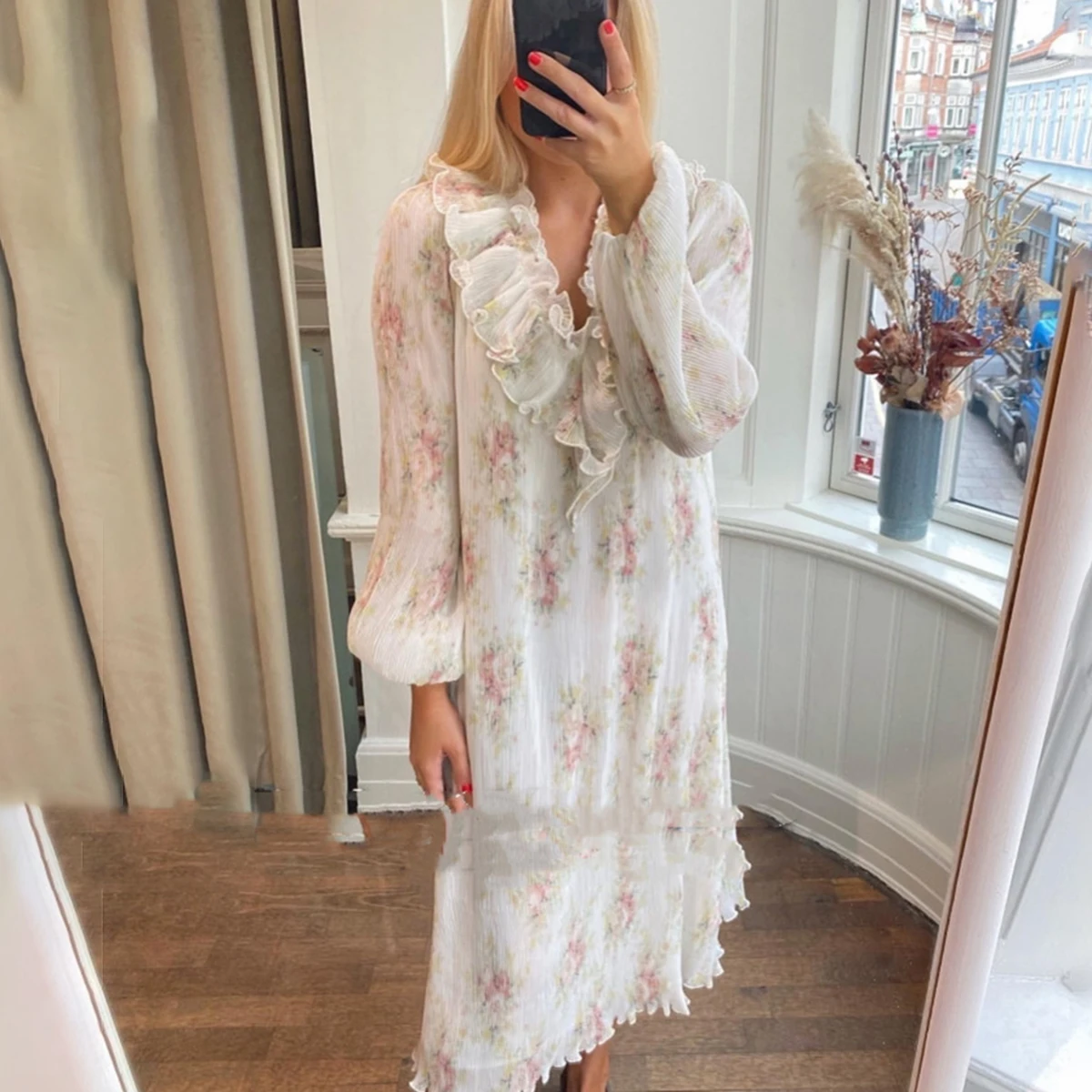 

Floral Print Ruffles Midi Dresses Woman Autumn Lantern Sleeve V Neck Loose Dress Female Casual Vintage Elegant Long Vestidos