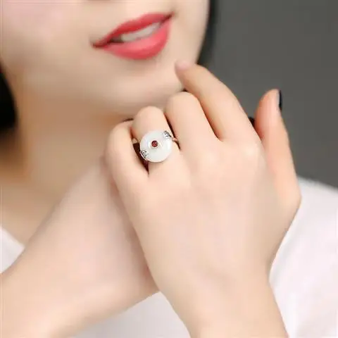 

Peace Buckle Ring Hetian Jade S925 Sterling Silver Open White Jade Personality Ring Safe to Give Mom Girlfriend Gift