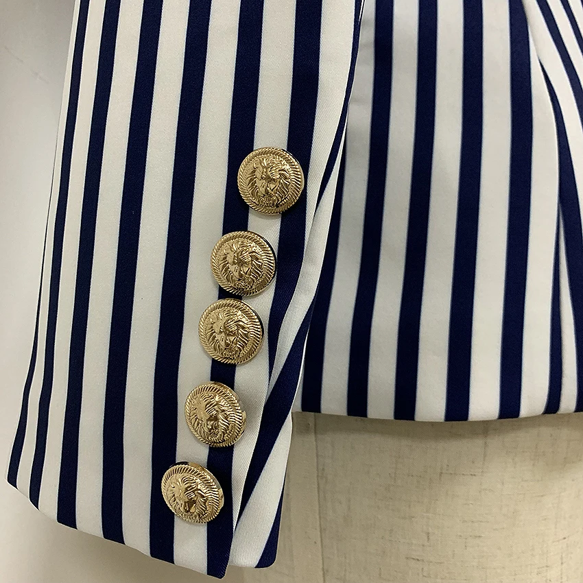 

TOP QUALITY Newest 2021 Stylish Designer Blazer Jacket Women's Lion Buttons Double Breasted Classic Striped Print Blazer
