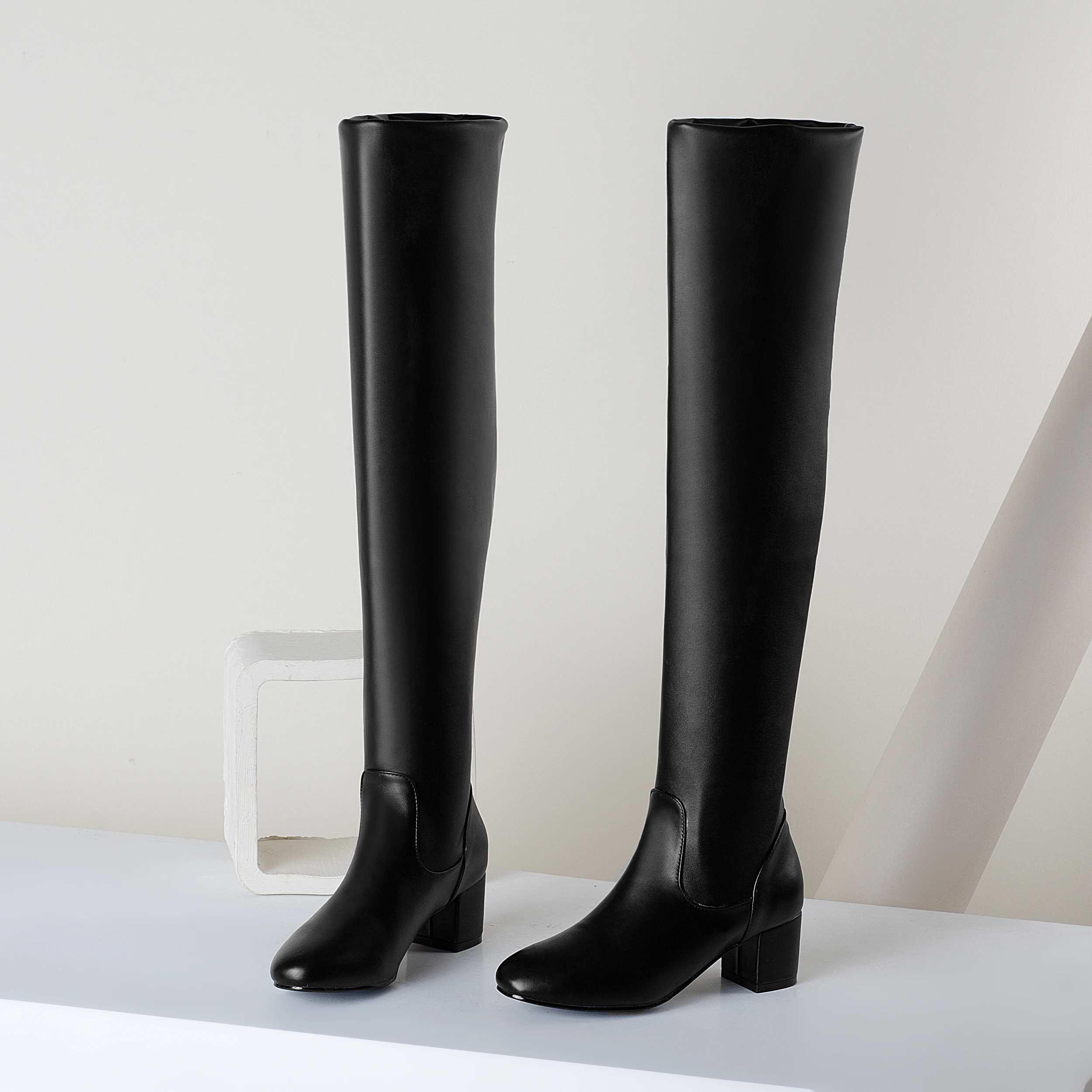 

Women Boots Stretch Pu Leather Over-the-Knee Boots Women Slip-on Slim Boots Round Toe Hoof Heels Two Version Shaft Plus Size 43