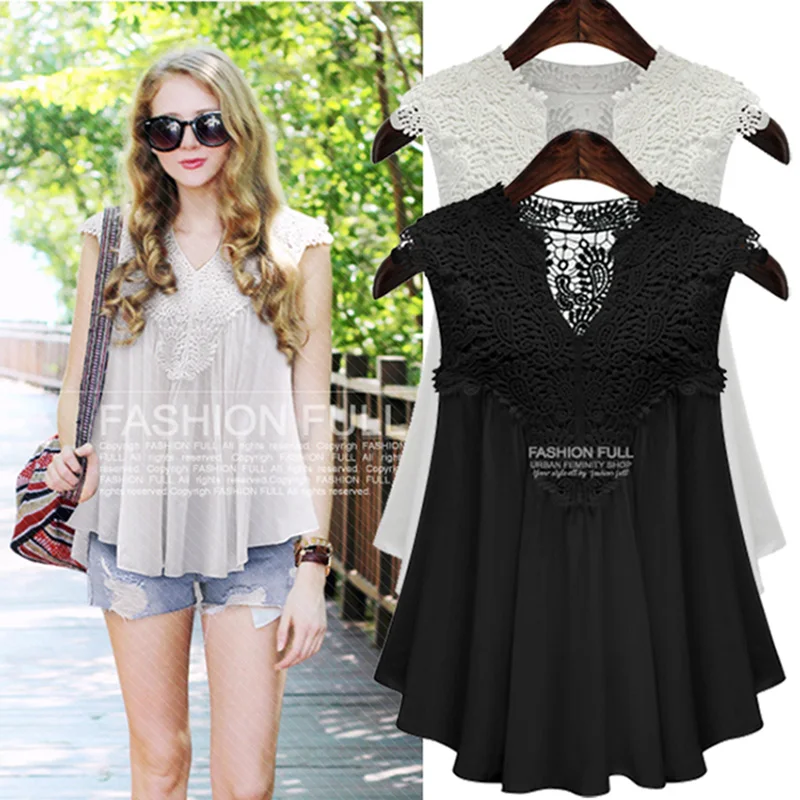 

Summer Plus Size Women'S Slimming Lace Loose European And American Chiffon Shirt Vest Top T-Shirt