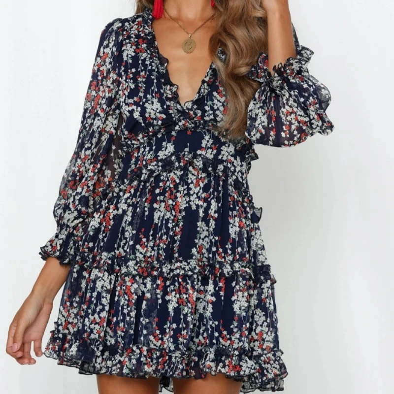 

2020 Spring New Arrivals Sexy V Neck Ruffle Mini Party Dresses Black Red Women Long Sleeve Chiffon Dress Elegant Ladies Clothing