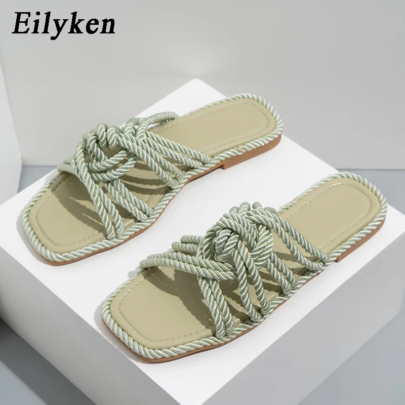 

Eilyken Plus Size 37-42 Flats Shoes Women Hollow Out Hemp Rope Cross Strap Ladies Slippers Summer Outdoor Square Toe Sandals