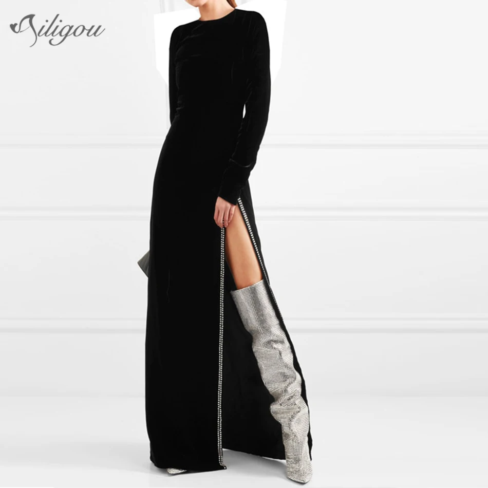 Женское бархатное платье с разрезом Ailigou2019 вечернее в пол круглым вырезом и