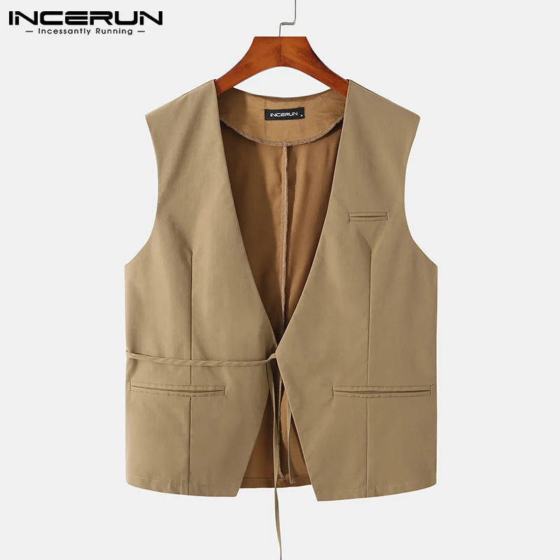 

Fashion Men Vests Sleeveless V Neck Solid Color Lace Up Loose Waistcoats Men 2021 Streetwear Casual Thin Outerwear S-5XL INCERUN