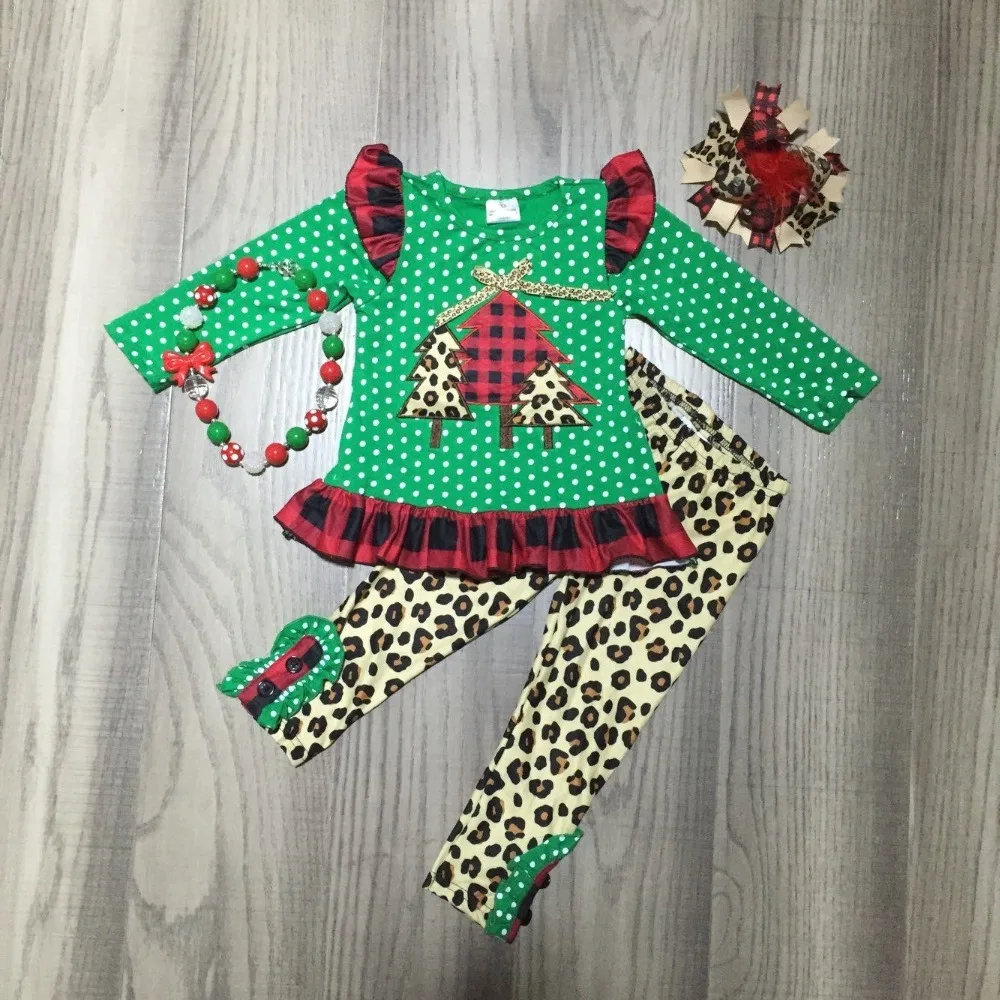 baby Girl winter clothes girls christmas outfits girls tree green top with leopard trousers girls outfits with accessories