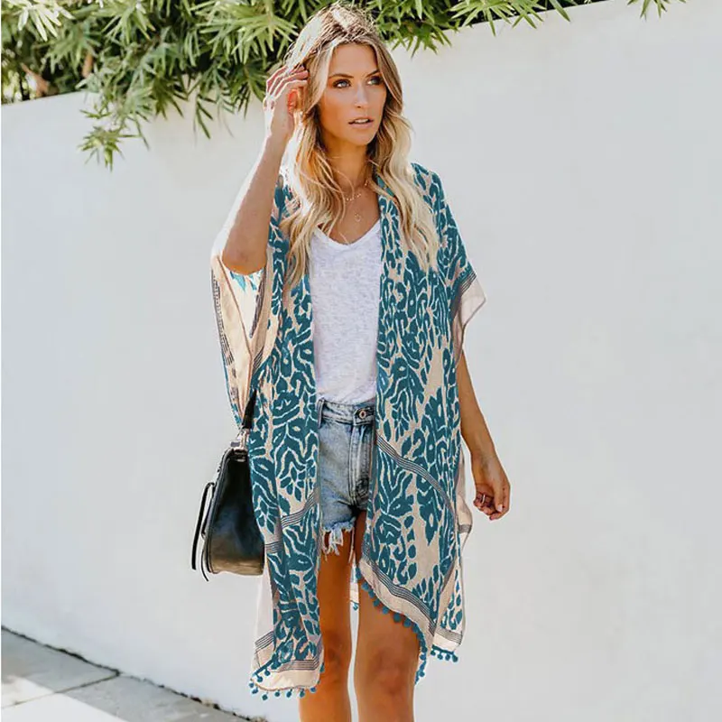 Женский шифоновый кардиган Пляжное платье с V-образным вырезом и принтом |