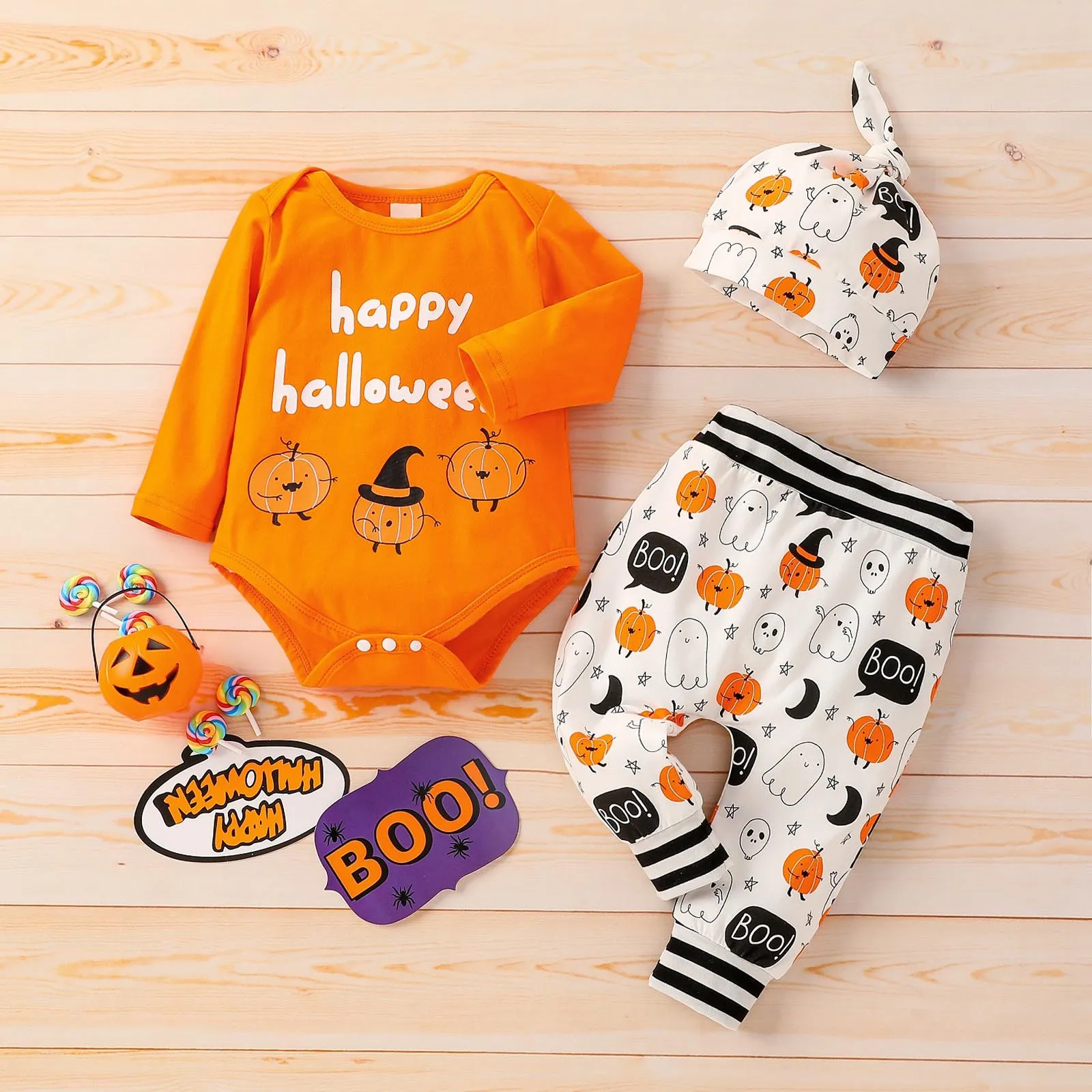 

3PCS Halloween Outfits For 0-12M Newborn Baby Boys Girls Letter Pumpkin Printed Romper Trousers Pants Hat Sets baby kleding Y4