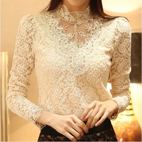 Spring Autumn New Women Sexy Embroidery Lace Blouse Feminine Stand Neck Long Sleeve Shirt 3XL Blouse Tops Black
