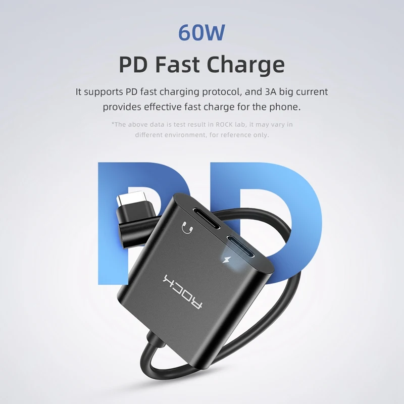 Адаптер ROCK 2 в 1 с двумя разъемами Type-C 60 Вт PD 3A быстрая зарядка USB C наушники Aux аудио