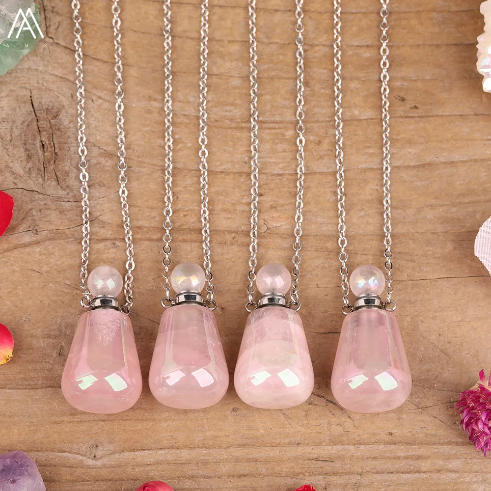 

Rainbow Aura Roses Pink Quartz Perfume Oil Bottle Pendant Necklace For Women Electroplated Quartz Stone Essential Vial Necklace