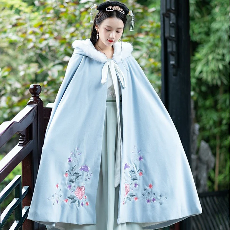 Женский плащ Hanfu китайский традиционный женский зимний костюм бело голубое