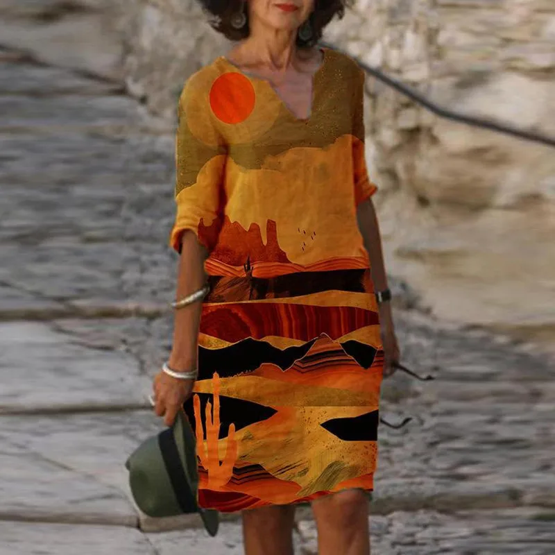 

Half Sleeved V Neck Printed Loose Dress Women's Fashion Casual Vintage Spring Autumn All-match Plus Size Beach Dresses