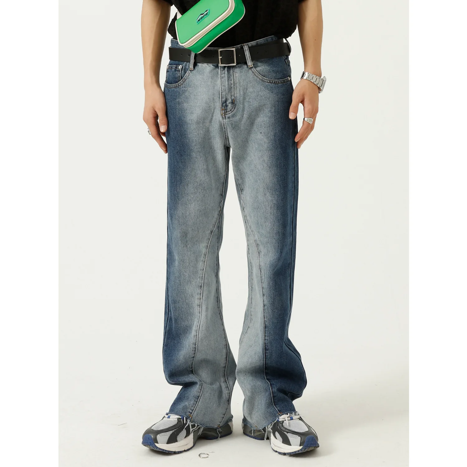 

Korean Contrast Color Tie-dye Gradient Micro Trumpet Casual Flare Jeans Men 2021 Four Seasons Vintage Patchwork Men Clothing